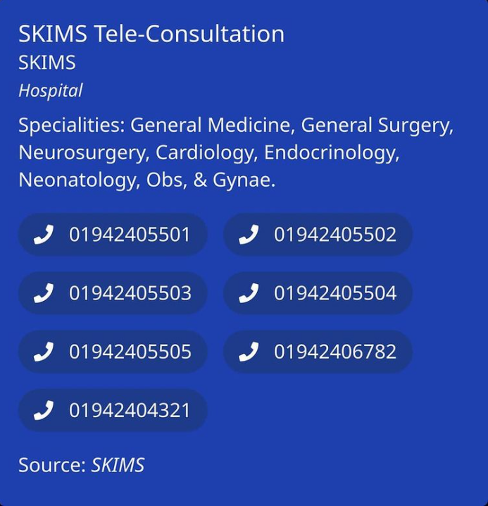 COVID-19 Resources - SKIMS Tele Consultation Numbers