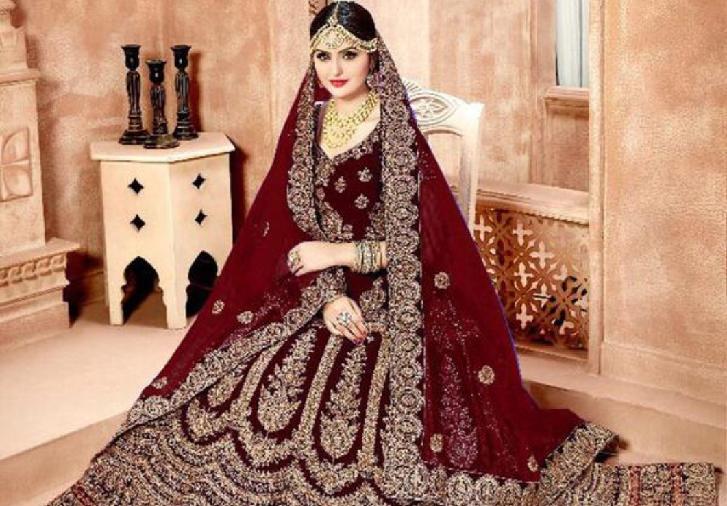 Indian Bridal Lehenga Choli Dupatta in Maroon Color – Nameera by Farooq