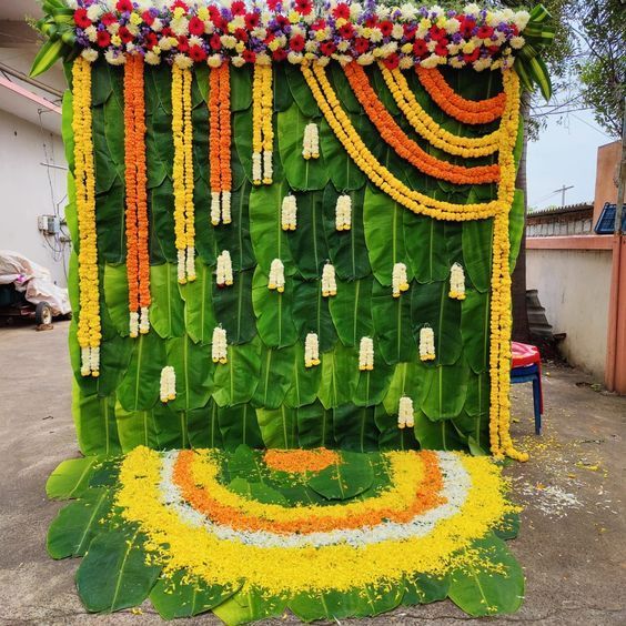 banana leaves backdrop - low cost simple haldi decoration at home