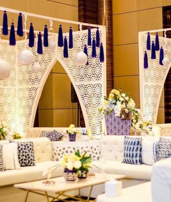 blue and white themed haldi decor
