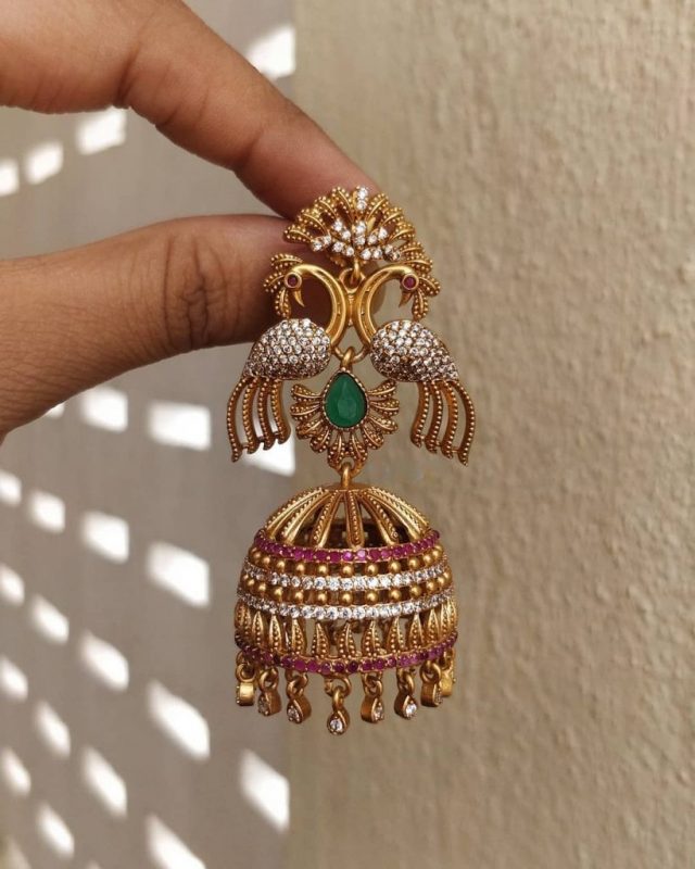 brass peacock red ruby - bridal gold jhumka designs