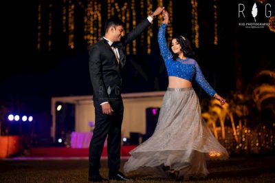 blue crop top with grey skirt and black suit engagement couple dress