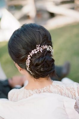 crystal halo hairstyle with bun and a simple band for wedding