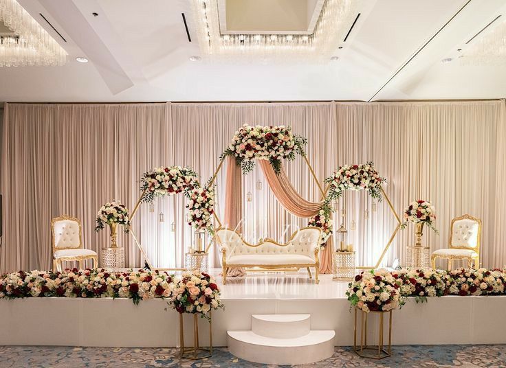 gold drapes - Flower Wedding Stage Decoration