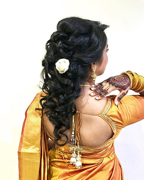 half up curls - hairstyles for saree