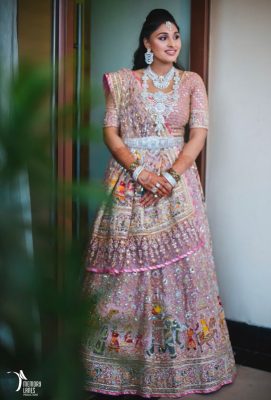 heavily printed pink lehenga with heavy embroidery