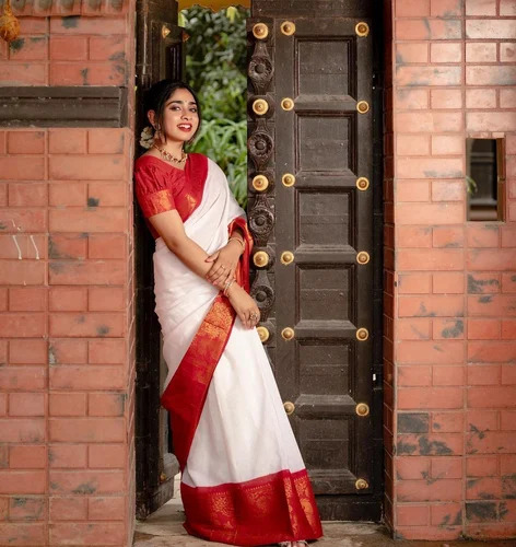 Bengali Haldi Look - white saree red border