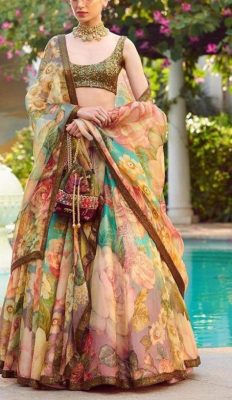 multicolored floral lehenga with floral printed dupatta