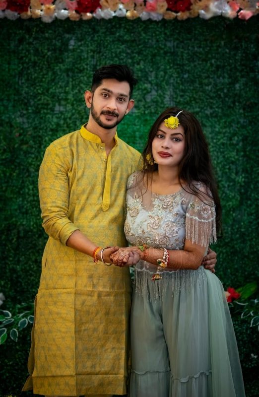 mustard yellow and dusty blue - engagement dresses for couples