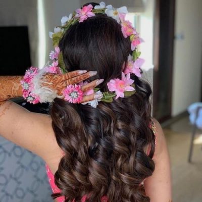 open hairs with floral tiara