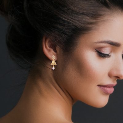 pearl beaded diamond gold jhumka earring with hanging pearl