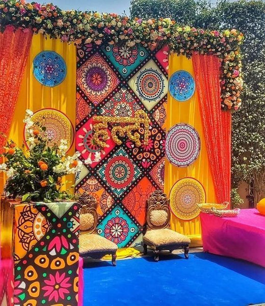 rajasthan style backdrop - low cost simple haldi decoration at home