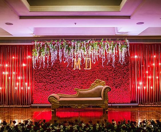 red wall and white orchids - Flower Wedding Stage Decoration