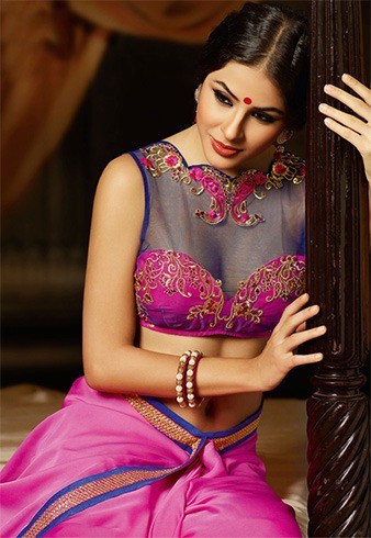 silk and net cpmbination - silk saree blouse designs