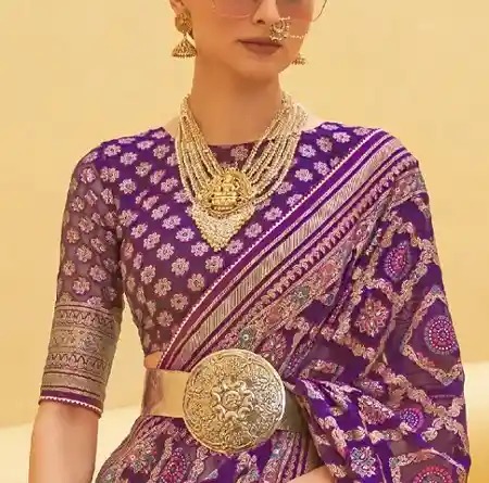 silver prints high neck - silk saree blouse designs