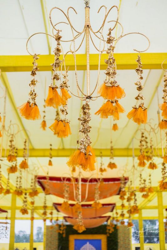 tassels and chandelier - low cost simple haldi decoration at home