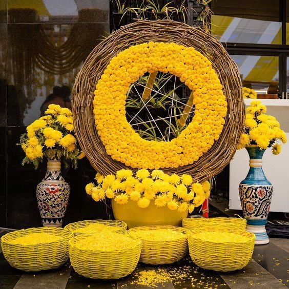 yellow baskets - low cost simple haldi decoration at home