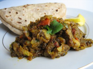 Spicy stuffed brinjals and Roti