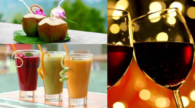 coconut water, juices and wine
