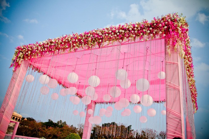 pink floral chandelier mandap