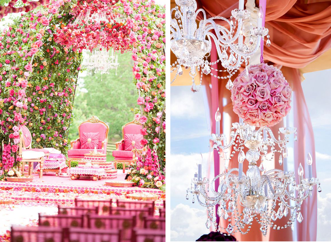 pink floral chandelier mandap decorations