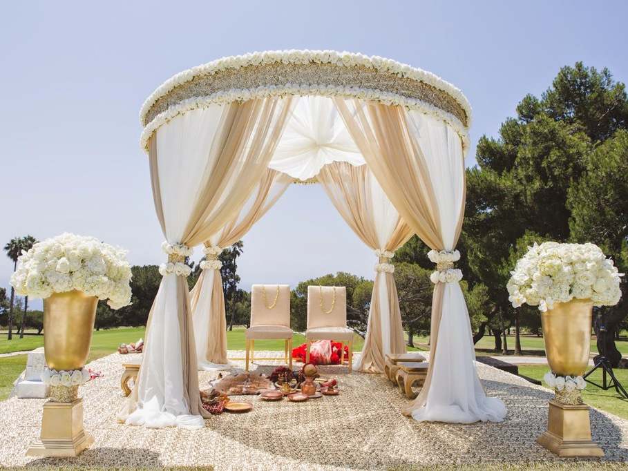 white circular floral roses mandap wedding prop