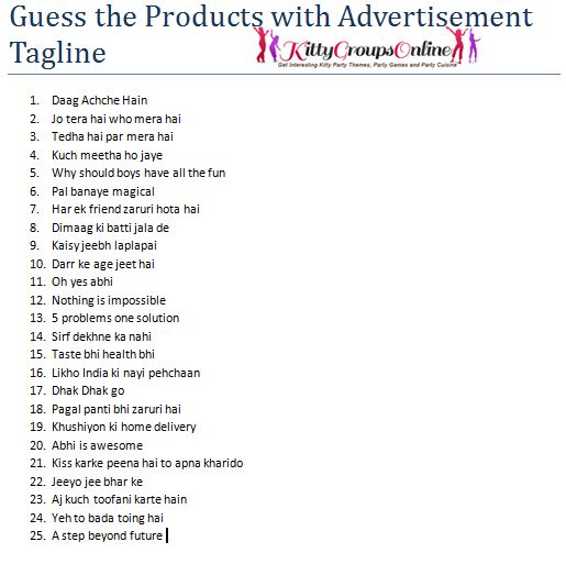 Guess The Advertisement Kitty Party Games