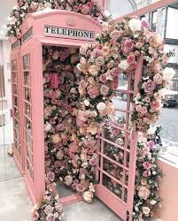 pink colour london style telephone booth with pastel flowers