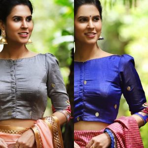 simple bridal blouse designs _puff elbow sleeves blue