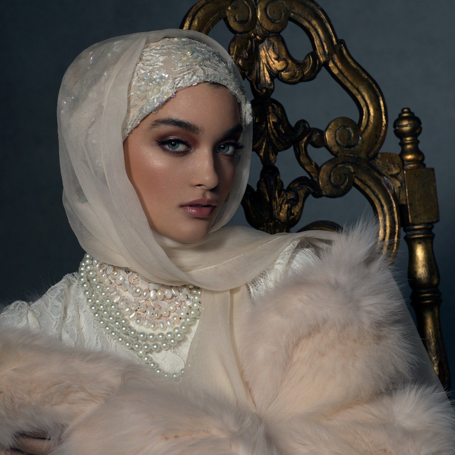 A Muslim bride showing off her gorgeous Bridal Veil headpiece