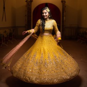 Yellow Lehenga with Peach Dupatta