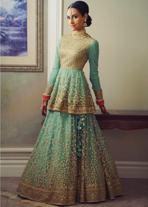 Gold and Sea Green Peplum with Lehenga