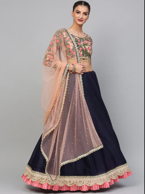 4. Navy Blue Lehenga with Peach Dupatta