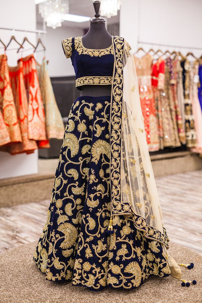 Navy Blue Velvet Lehenga