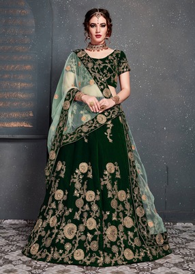 Dark Green Velvet Lehenga