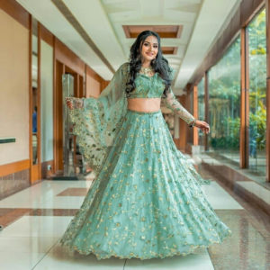 Turquoise Lehenga with Gold Sequins