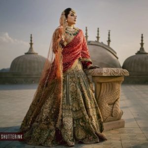 Earthy Green Lehenga with Red Dupatta