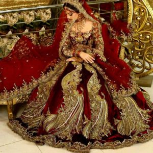 Peacock Motifs Maroon Color Bridal Lehenga