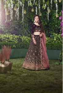 Velvet Wine Mohey Lehenga Bridal