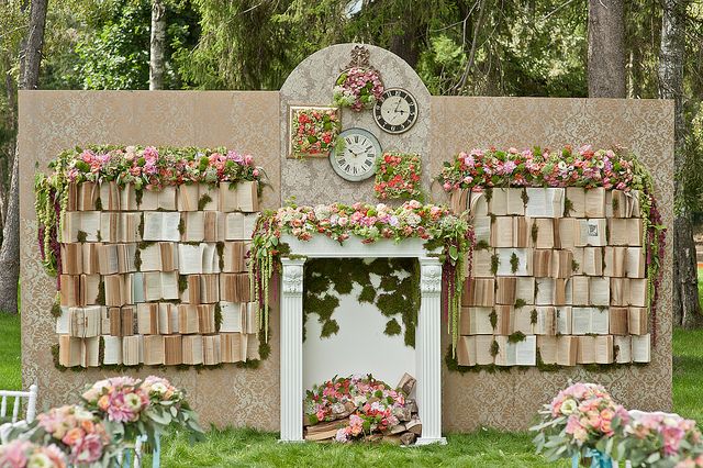 vintage book wedding backdrop decoration