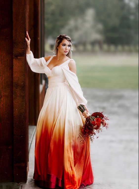 burnt orange cold shoulder ombre wedding dresses