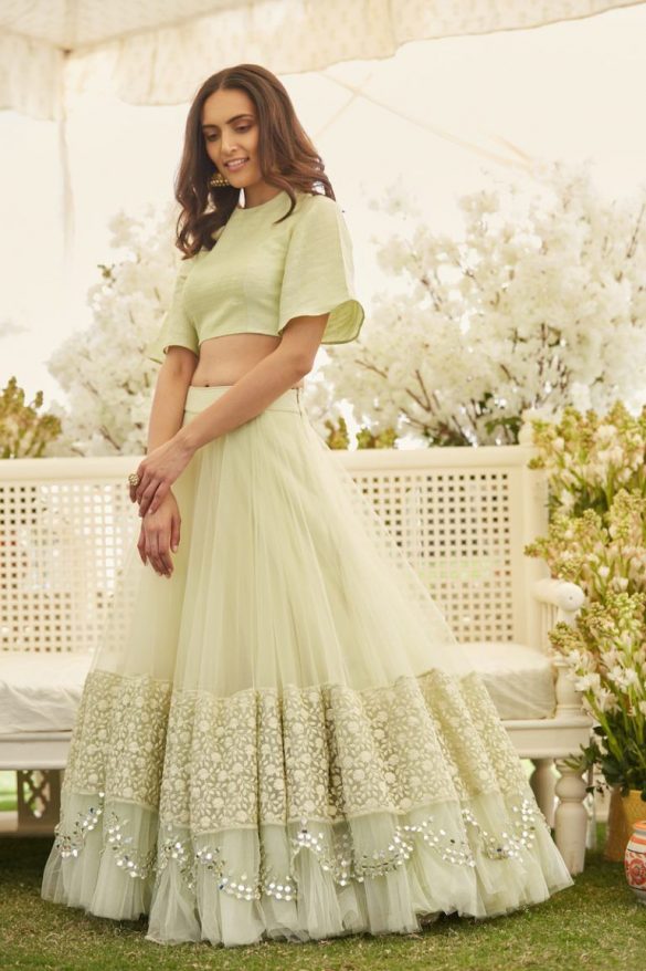 pastel green crop top lehenga designs