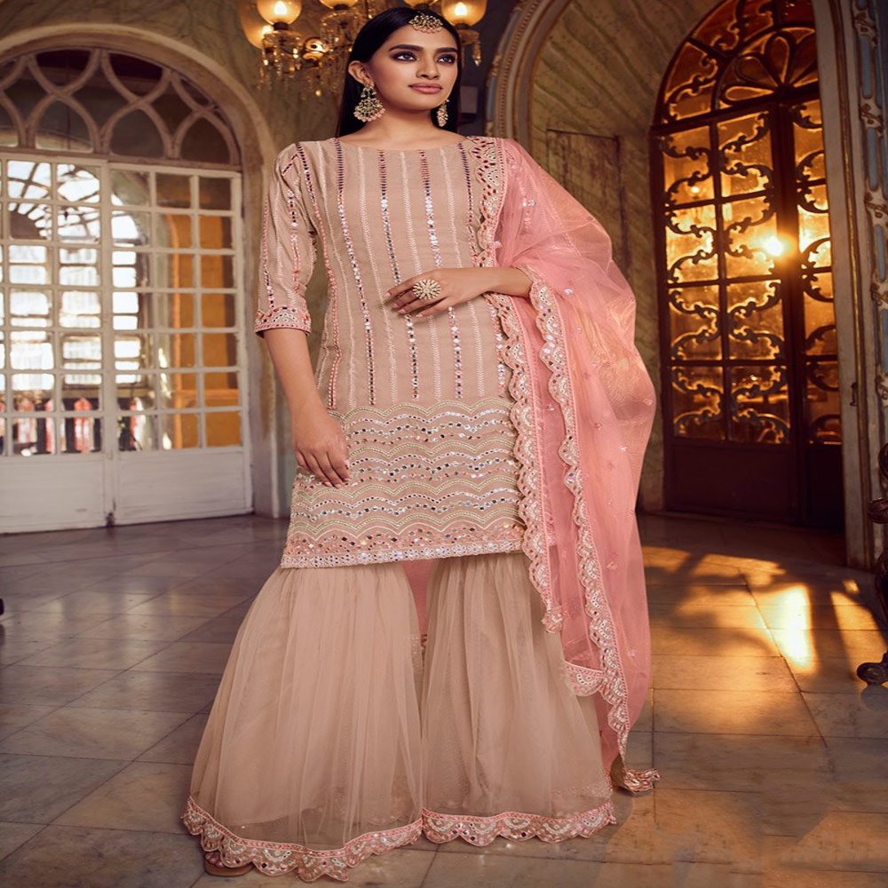 pastel wedding theme coral peach silk sharara