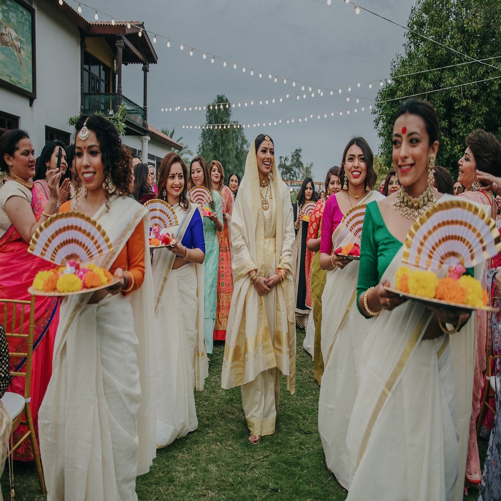 pastel wedding theme white and gold saree