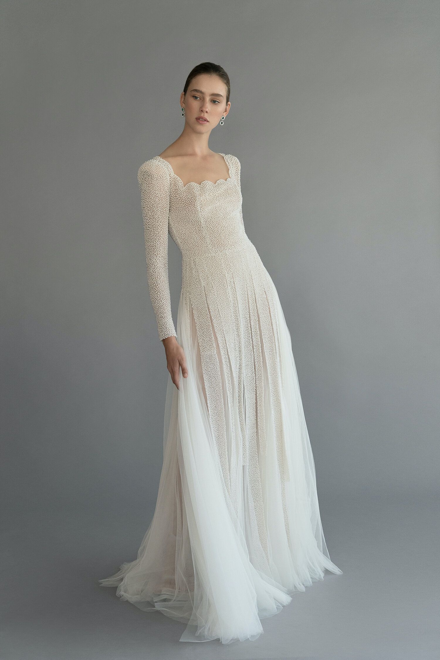 scalloped neckline long sleeve wedding dresses.