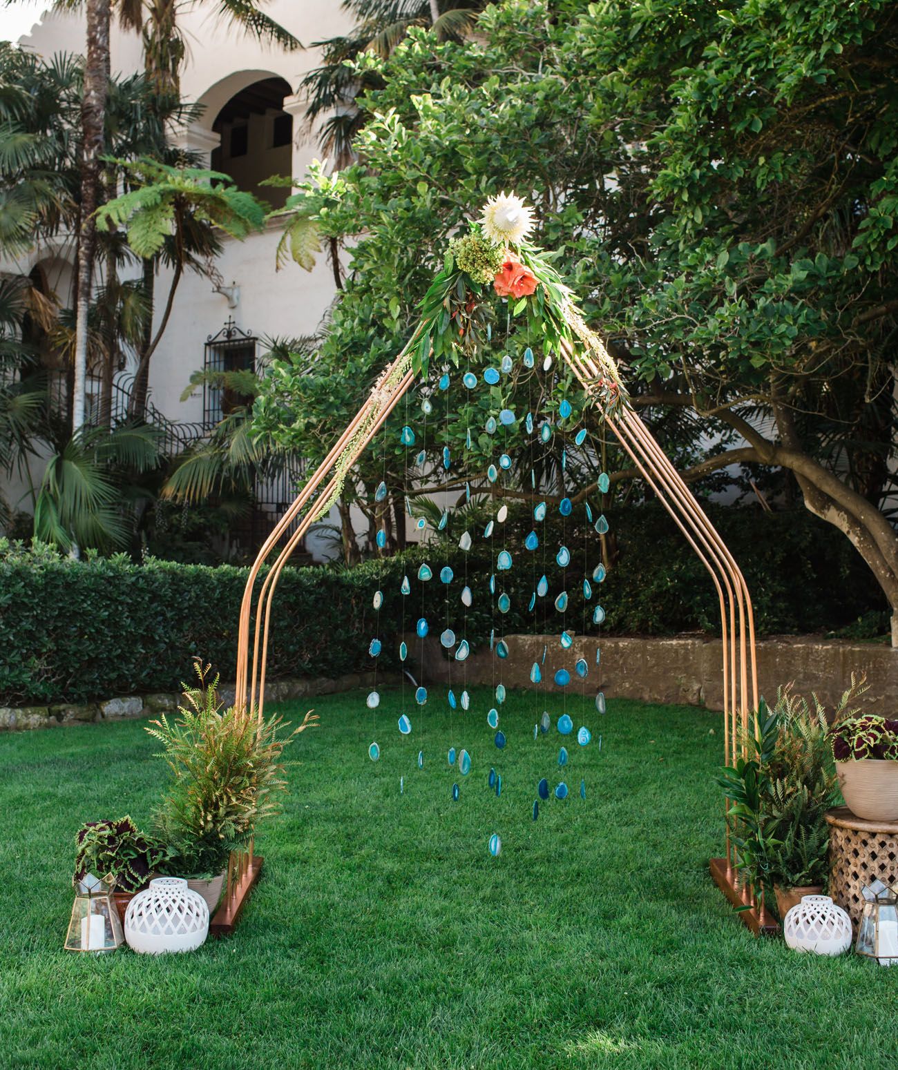 gemstones in wedding arch for boho wedding ideas