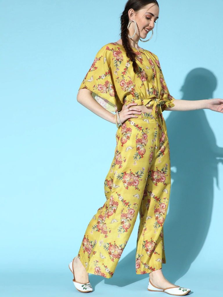 yellow printed crop top matching flared pants cocktail dresses for wedding