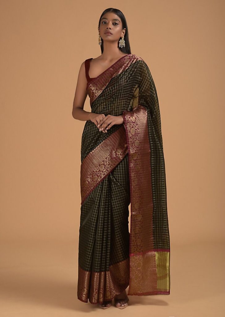 black gold checks bridal pattu sarees