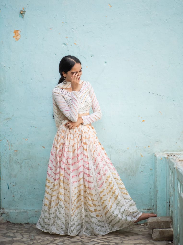 chevron white bridal lehenga