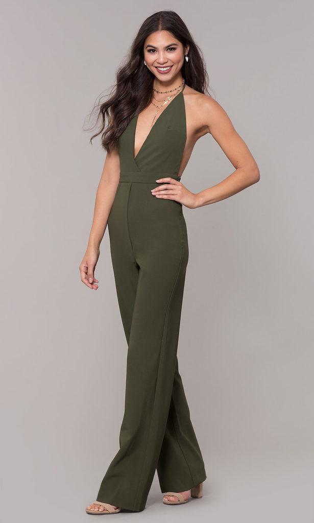 deep v neck halter jumpsuit as bachelorette party dress ideas